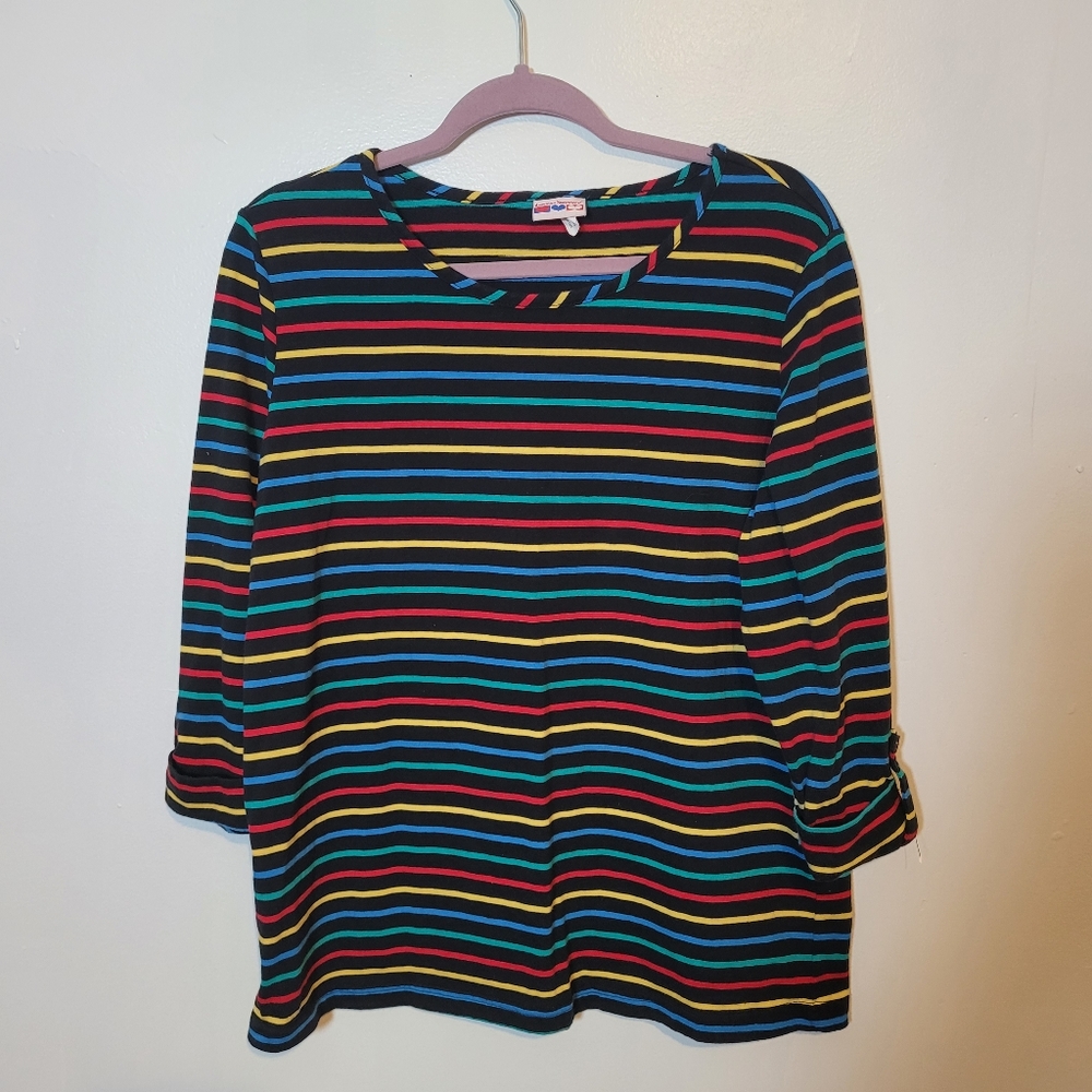 Vintage American Sweetheart Black and Rainbow Striped Shirt Size Large